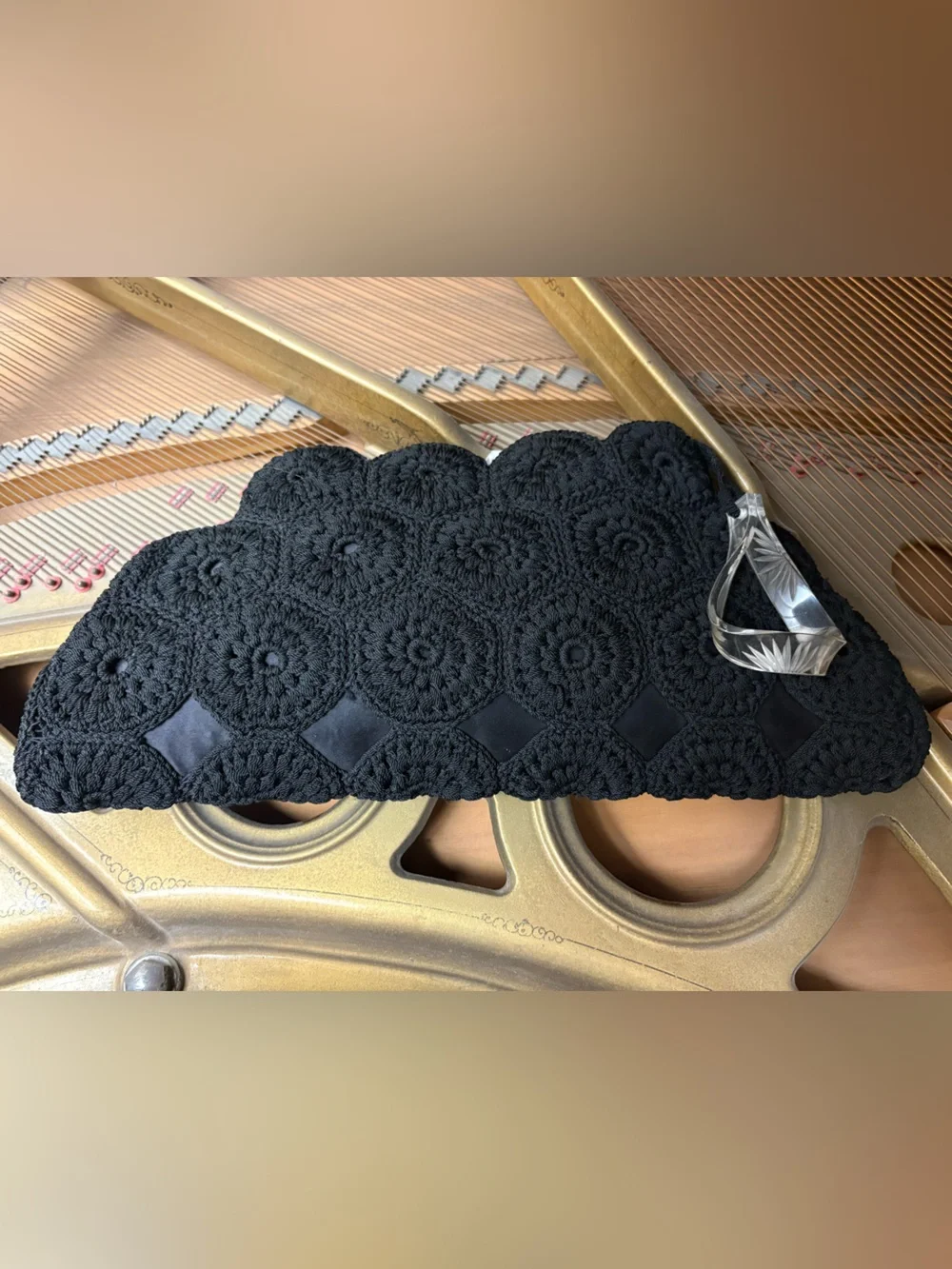 RARE VintageBlack Crocheted Clutch Etched Acrylic Zip Handle Gimp Cord